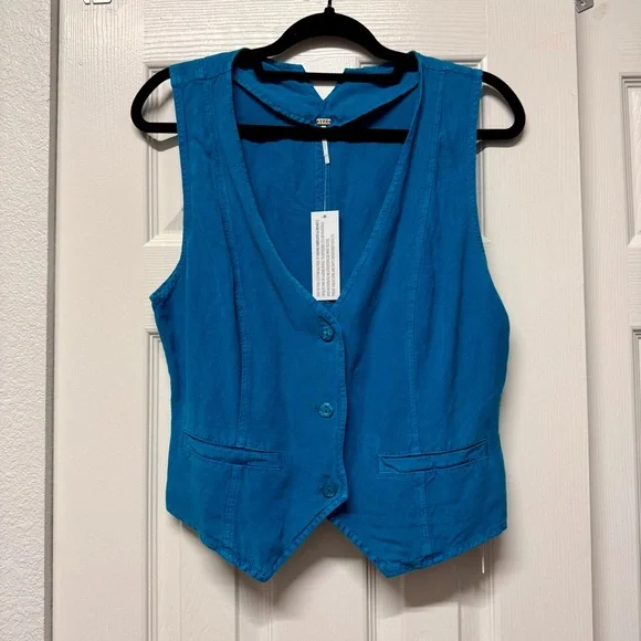Young Fabulous & Broke| NWT Women’s Size large Linen Blend Cerulean Blue Vest - Picture 1 of 8